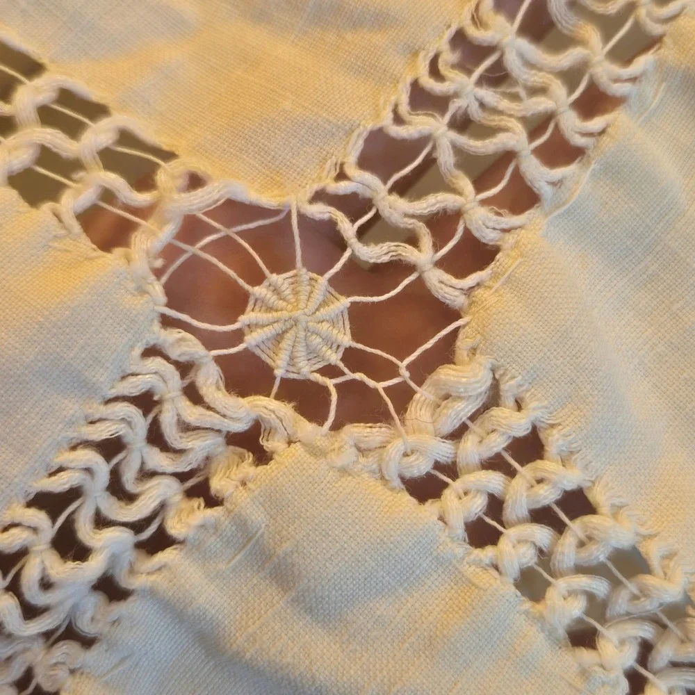 Off White Linen Hand Embroidered Crochet Lace Bedspread Victorian Clover Vtg